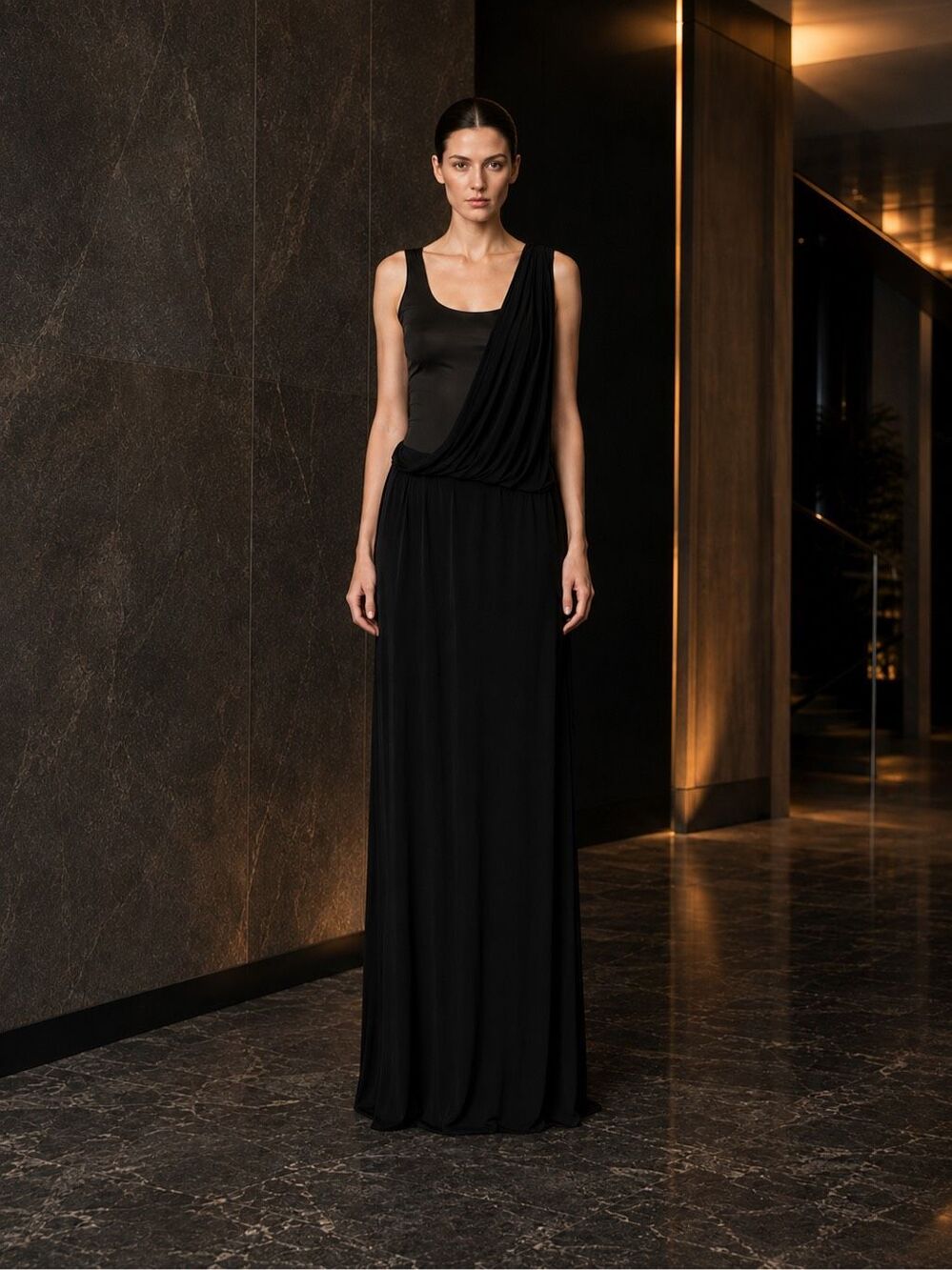 McQ Alexander McQueen Black Asymmetric Draped Maxi Dress Size S Italy - Picture 3 of 12